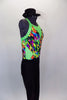 Full unitard has green cross-back tank with colored pattern. The bottom is black  with colored ladder pattern down one leg. Comes with black hat accessory. Right side