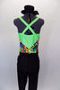 Full unitard has green cross-back tank with colored pattern. The bottom is black  with colored ladder pattern down one leg. Comes with black hat accessory. Back