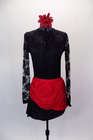 Long sleeved black lace leotard with keyhole back has faux sweetheart neckline. Comes with matching angled black & red skirt and floral hair accessory. Front