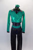 Iridescent pants with green waistband comes with green long sleeved cross over half-top that has iridescent collar Comes with matching hair accessory. Front