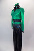 Iridescent pants with green waistband comes with green long sleeved cross over half-top that has iridescent collar Comes with matching hair accessory. Side