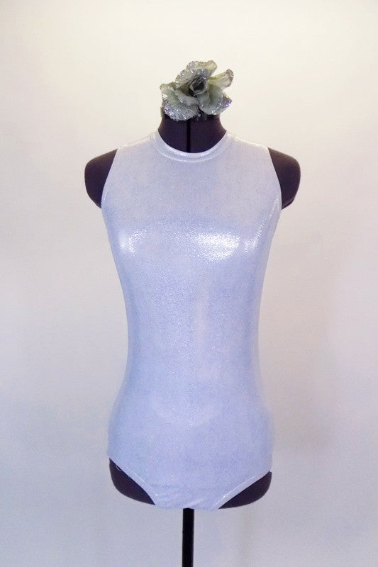 Simple but elegant tank style fully lined silver leotard has round collar and keyhole back. Comes with hair accessory. Front