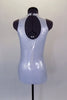 Simple but elegant tank style fully lined silver leotard has round collar and keyhole back. Comes with hair accessory. Back