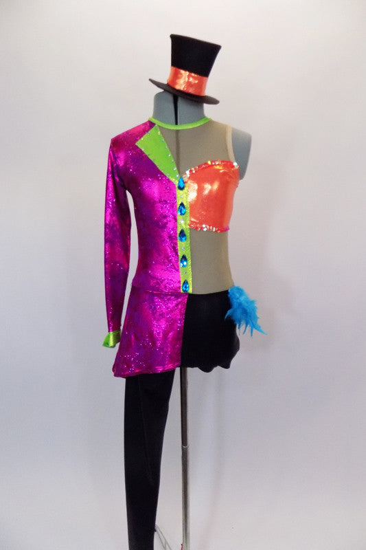Unitard had  full & short leg. Torso is fuchsia blazer with jewel buttons one side & nude mesh tank with orange bust on other. Black bottom has feather accent. Comes with top-hat accessory. Front