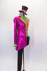 Unitard had  full & short leg. Torso is fuchsia blazer with jewel buttons one side & nude mesh tank with orange bust on other. Black bottom has feather accent. Comes with top-hat accessory. Right side