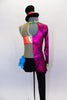 Unitard had  full & short leg. Torso is fuchsia blazer with jewel buttons one side & nude mesh tank with orange bust on other. Black bottom has feather accent. Comes with top-hat accessory. Back