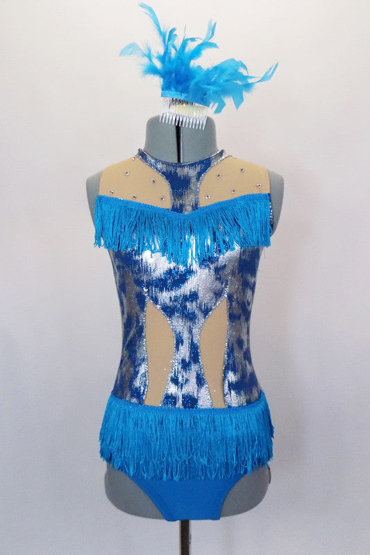 Silver & turquoise leotard has keyhole back, turquoise bottom with nude mesh upper & cut-outs along torso. Turquoise fringe accents the bustline and hips. Comes with feather hair accessory. Front