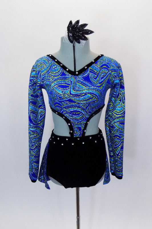 Blue glitter swirl, long sleeved V-neck top has black crystaled trim attached to black velvet shorts with matching bustle skirt. Comes with hair accessory. Front
