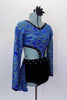 Blue glitter swirl, long sleeved V-neck top has black crystaled trim attached to black velvet shorts with matching bustle skirt. Comes with hair accessory. Right side
