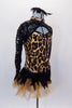 Animal print leotard has keyhole back, black sequined lace sleeves. Right hip had gold tulle and feather bustle. Comes with matching feather hair accessory. Right side