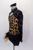 Animal print leotard has keyhole back, black sequined lace sleeves. Right hip had gold tulle and feather bustle. Comes with matching feather hair accessory. Left side