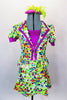 Bright rainbow splashed costume has iridescent hot magenta top & peplum jacket. The separate mini skirt has side slits & attached brief. Comes with pill hat.  Front