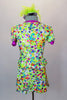 Bright rainbow splashed costume has iridescent hot magenta top & peplum jacket. The separate mini skirt has side slits & attached brief. Comes with pill hat. Back