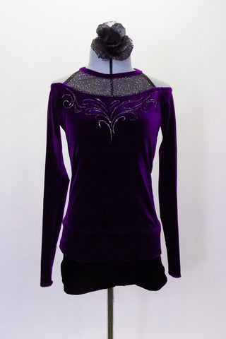 Open shoulder purple long sleeved top has sparkle halter tie neck & hand painted swirls on the bust. Comes with matching black velvet shorts & hair accessory. Front