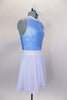 Pale blue sleeveless round collar leotard has keyhole back & white edging. Comes with lined flowy while pull-on chiffon shirt & white floral hair accessory. Side