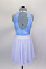 Pale blue sleeveless round collar leotard has keyhole back & white edging. Comes with lined flowy while pull-on chiffon shirt & white floral hair accessory. Back