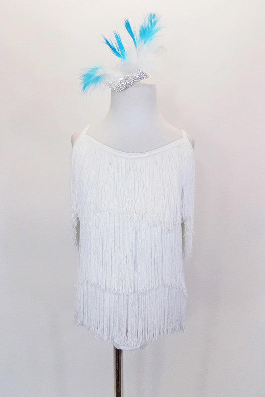 Fabulously fringed front and back white leotard has spandex attached trunks, binding & straps that cross in back. Comes with feathered crystal hair accessory. Front