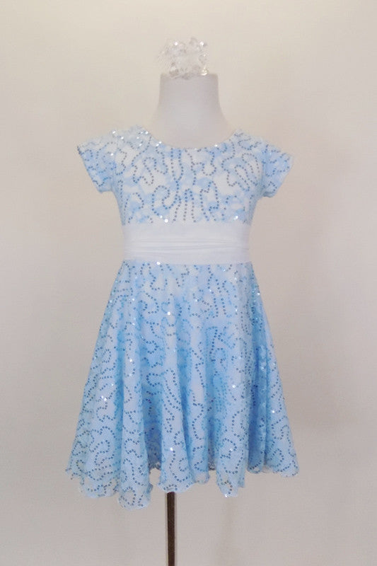 Fully lined pale blue sequined lace dress has cap sleeves & white  sash that ties in bow at back. Comes with matching sequined hair accessory. Front