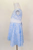 Fully lined pale blue sequined lace dress has cap sleeves & white  sash that ties in bow at back. Comes with matching sequined hair accessory. Left side