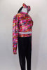 Long sleeved  half top has iridescent waved shades of pink, yellow,orange & charcoal with keyhole back. The  black spandex pants have waved waistband, Comes with matching headband. Side