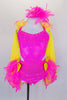 Pink open-back halter top adorned with crystals attached to matching briefs with bustle comprised of pink-yellow pleated tulle & pink feathers. Comes with matching feathered hat. Front