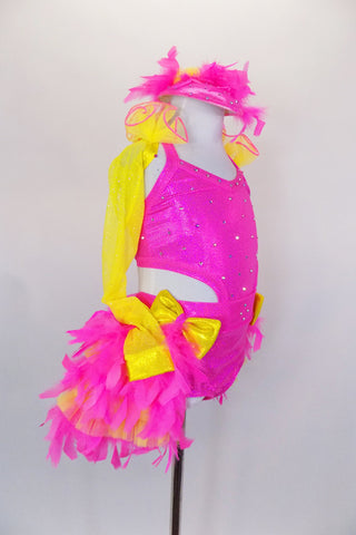 Pink open-back halter top adorned with crystals attached to matching briefs with bustle comprised of pink-yellow pleated tulle & pink feathers. Comes with matching feathered hat. Right side