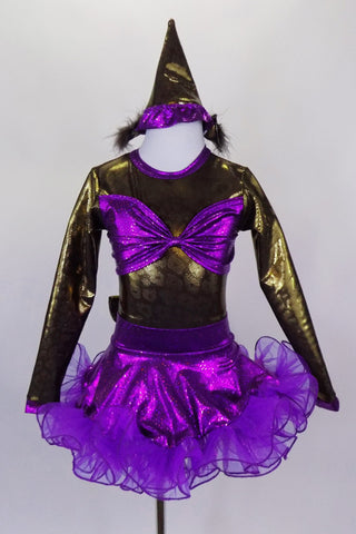 Brown shiny leotard with keyhole back has large purple bow bust. Purple skirt has curly ruffle edge & large bow at back with tail. Has pointy party hat with fuzzy ears. Front