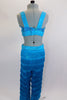 2-piece costume has layers of fringe covered pants in deepening shades of turquoise. Sequined half-top has bands that cross over the front with jewel accent. Comes with crystal hair barrette. Back