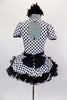 Black-white polka dot leotard has keyhole back, lapel collar & pearl buttons. Skirt has black petticoat with large back bow. Comes with gloves & hair accessory. Back