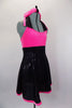 Empire waist, black sequin dress has neon pink velvet halter bodice with black sequin lapels, crystal accented front as well as pink binding & matching headband. Side