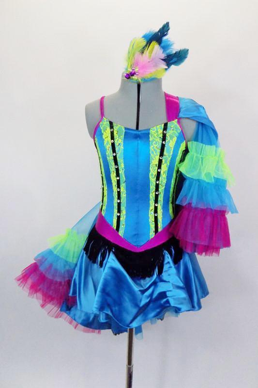 Turquoise leotard has satin gathered skirt with yellow lace on bodice & tulle underlay below bustle. Separate satin skirt with magnetic clasp has tulle ruffles. Comes with feather hair accessory. Front
