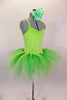 Green 2-piece costume is comprised of a neon green sparkle camisole leotard base. The pull on tutu is hand knotted strands of green yellow and white tulle. Comes with green floral hair accessory. Side