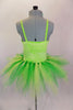 Green 2-piece costume is comprised of a neon green sparkle camisole leotard base. The pull on tutu is hand knotted strands of green yellow and white tulle. Comes with green floral hair accessory. Back