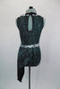 Semi sheer black leotard has keyhole back, swirls of metallic green & black velvet lapels with silver edging. Comes with angled side skirt, silver sequined belt & hair accessory. Back