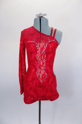 Sequined red lace one sleeve, short unitard has nude base, center cut-out & silver design. Left side opens around to the back. Has crystal hair barrette. Front
