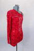 Sequined red lace one sleeve, short unitard has nude base, center cut-out & silver design. Left side opens around to the back. Has crystal hair barrette. Right side
