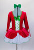 Red velvet tutu dress has a long bell sleeves, scoop neck bodice with gold braiding & white polka dot front. Pull-on tutu has white organza & velvet overlay. Comes with green bow hair accessory. Front