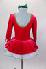 Red velvet tutu dress has a long bell sleeves, scoop neck bodice with gold braiding & white polka dot front. Pull-on tutu has white organza & velvet overlay. Comes with green bow hair accessory. Back