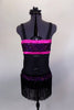 Flapper style dress has black glitter fringe with hot pink sequined waistband, banding & bust. The back is speckled mesh. Comes with hair accessory. Back