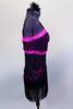 Flapper style dress has black glitter fringe with hot pink sequined waistband, banding & bust. The back is speckled mesh. Comes with hair accessory. Right side