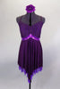 Eggplant dress has leotard base with cross straps & fine pleated gold-flecked bodice with pinch front. Dress has purple metallic band below the empire waist. Comes with floral hair accessory. Front