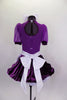 Purple velvet dress has sweetheart neckline with mesh upper, sleeves & white fluffy petticoat. The dress comes with a shiny white apron with pockets & hair bow. Back