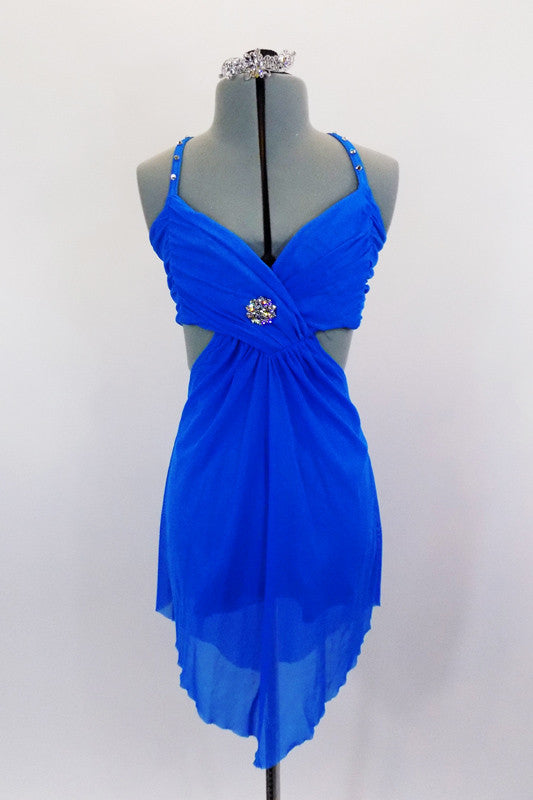 Bright blue mesh dress has crystaled straps and gathered, lined cross-over bust with  crystal brooch. Bust is attached to skirt gathered at front & open at back. Comes with crystal barrette. Front