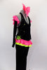 2-piece black velvet costume has asymmetrical top with pink & green ruffles & crystals. Comes with black velvet pants & long velvet gloves with pink ruffle.  Comes with bow hair accessory. Right side