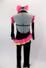 2-piece black velvet costume has asymmetrical top with pink & green ruffles & crystals. Comes with black velvet pants & long velvet gloves with pink ruffle.  Comes with bow hair accessory. Back
