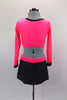 Neon pink velvet, long sleeved half top has crystalled pinch front. The black sparkle skirt has attached panty & pink velvet waistband with crystal buckle. Comes with hair accessory. Back