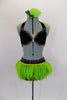 2-piece costume has black velvet bra, with crystals & green ostrich feather halter collar. Black velvet brief has green ostrich feathers & crystaled waistband. Comes with feather hair accessory. Front