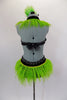 2-piece costume has black velvet bra, with crystals & green ostrich feather halter collar. Black velvet brief has green ostrich feathers & crystaled waistband. Comes with feather hair accessory. Back