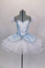 Blue leotard base has separate blue damask bodice with front insert & silver braiding. Tutu overlay is crystal covered white organza with matching blue damask. Comes with crystal tiara. Front.