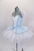 Blue leotard base has separate blue damask bodice with front insert & silver braiding. Tutu overlay is crystal covered white organza with matching blue damask. Comes with crystal tiara. Side